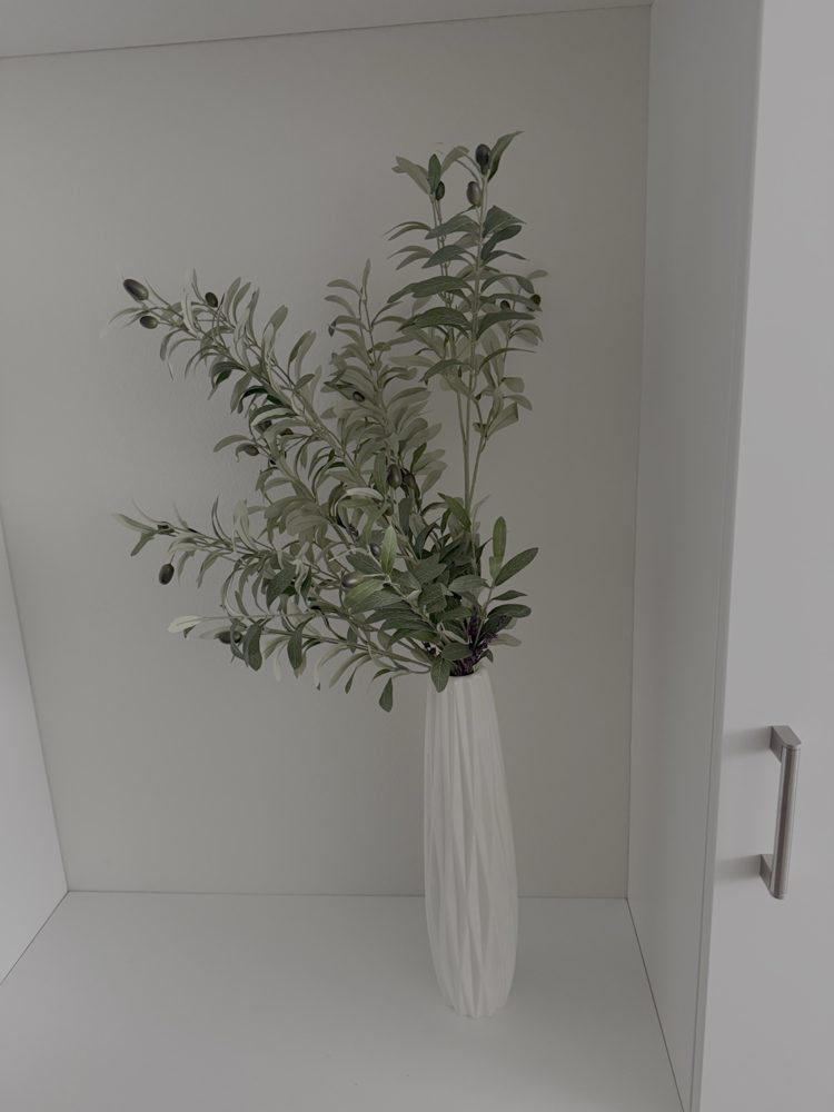 White Ribbed Vase with Faux Olive Branches photo 8